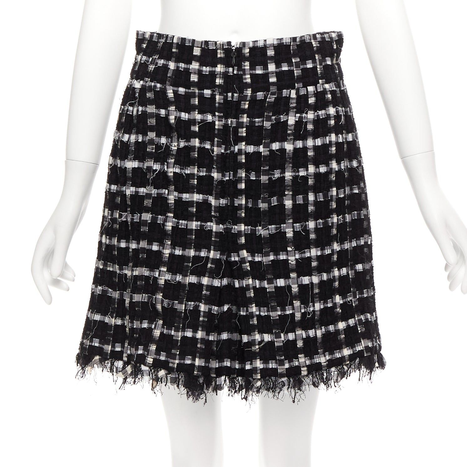 image of Chanel Black White Check Raw Edge Tweed Silk Lined Skirt Fr40 L, Women's (Size 30)