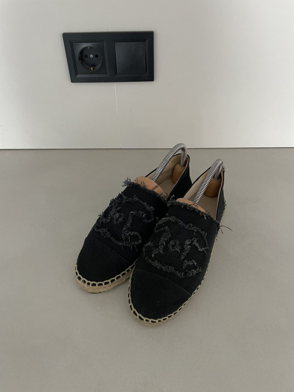 Chanel Black Canvas CC Slip On Shoes
