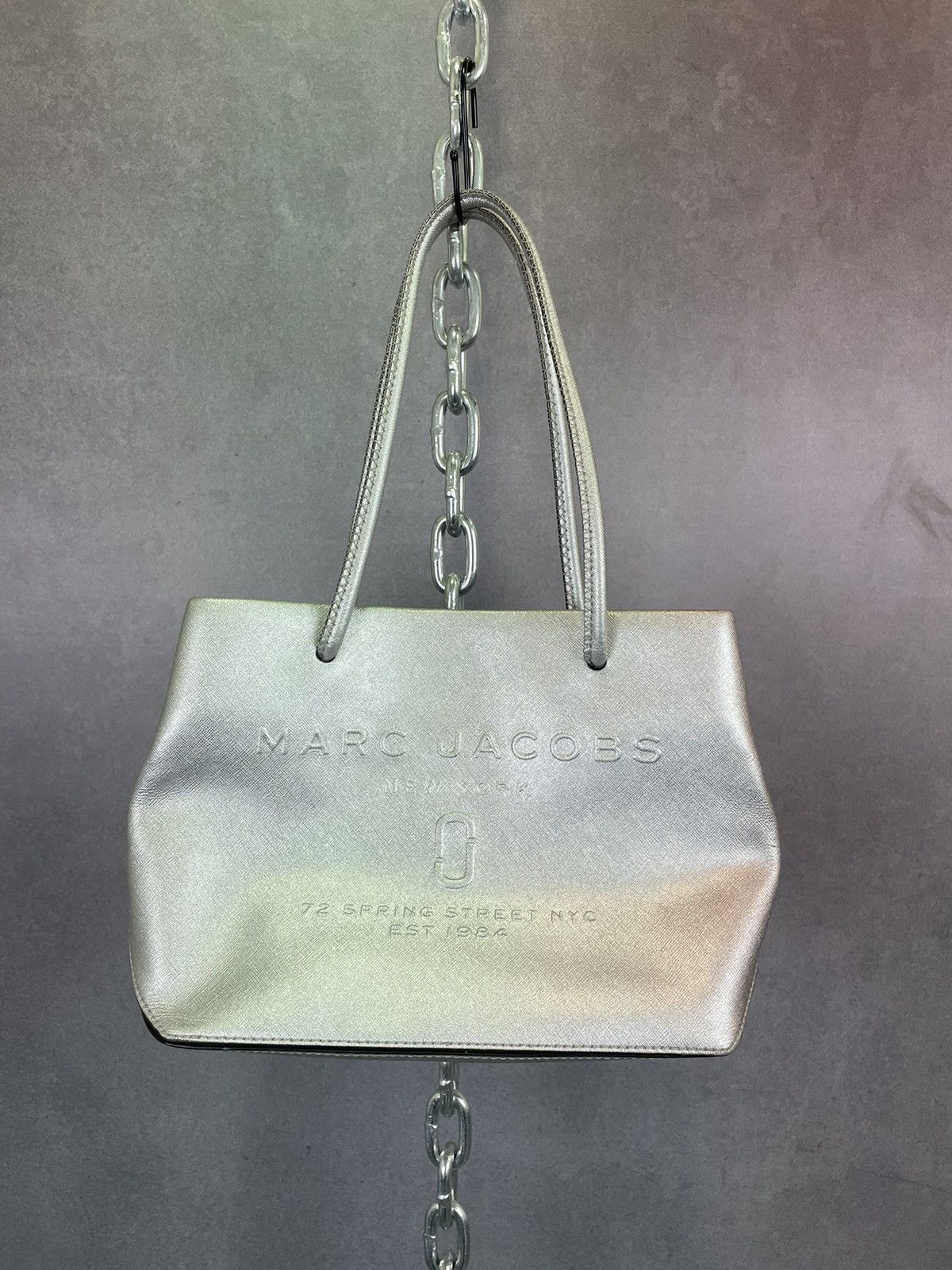 Marc Jacobs East West Logo Silver Metallic Shopper Tote Bag
