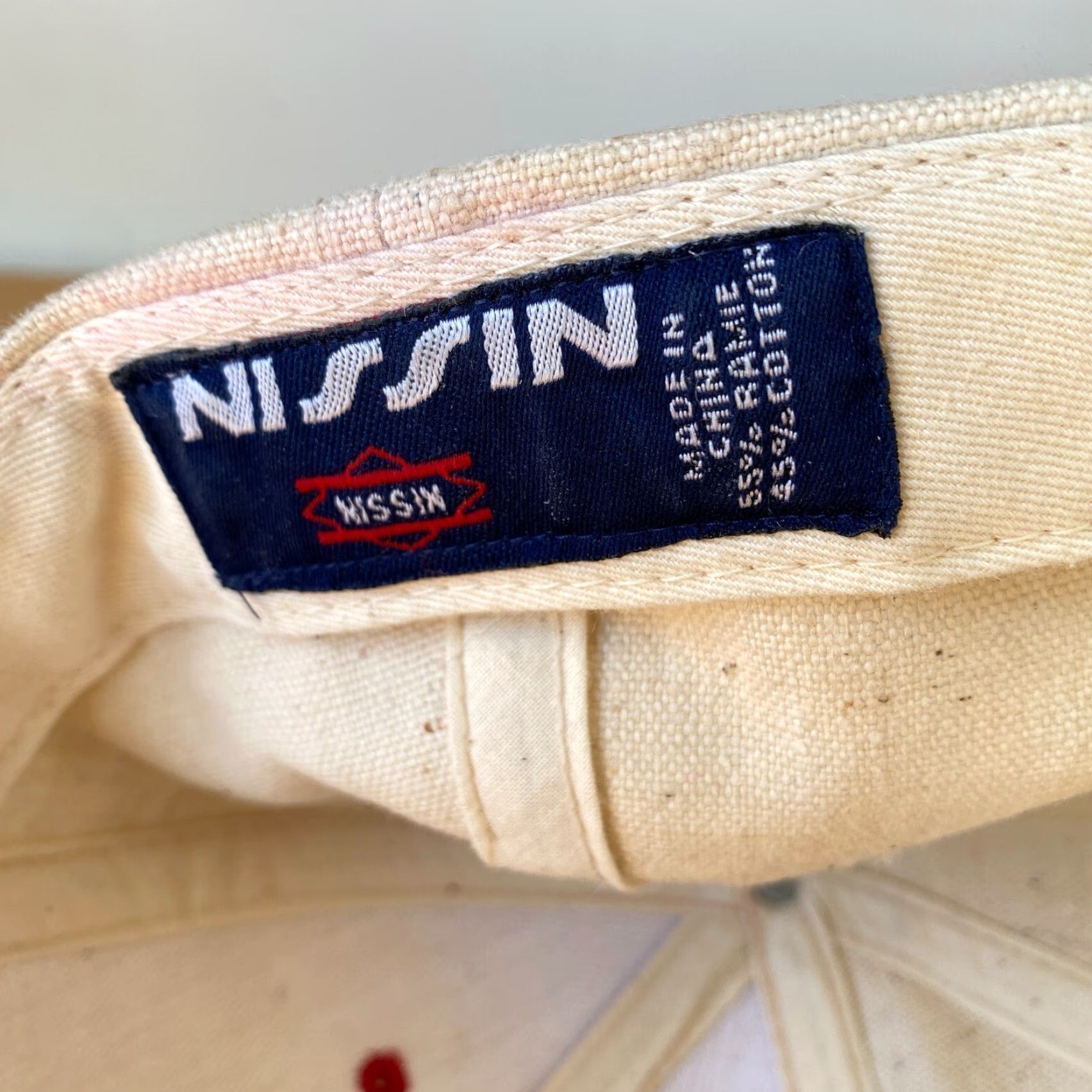Vintage VINTAGE Nissin Dad Hat Baseball Cap Unisex Adults One Size Beige Ramie Canvas Tan Red Bill/Beige Size ONE SIZE - 8 Thumbnail