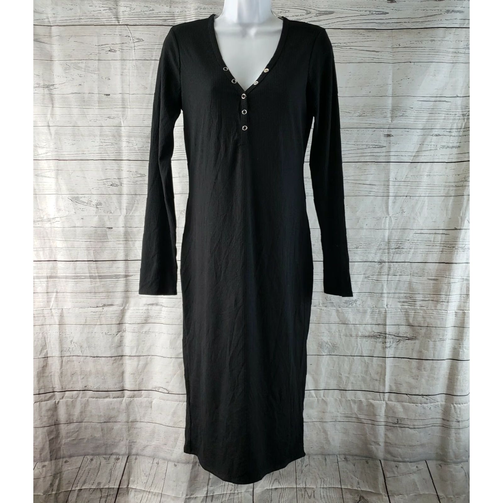 Vintage Wild Fable Womens Dress Solid Black Ribbed Long Sleeve Midi V-Neck Pullover XS S M L Shift Casual Regular 60%polyester 32%rayon 8%spandex Womens Dress Size S / US 4 / IT 40 - 2 Thumbnail