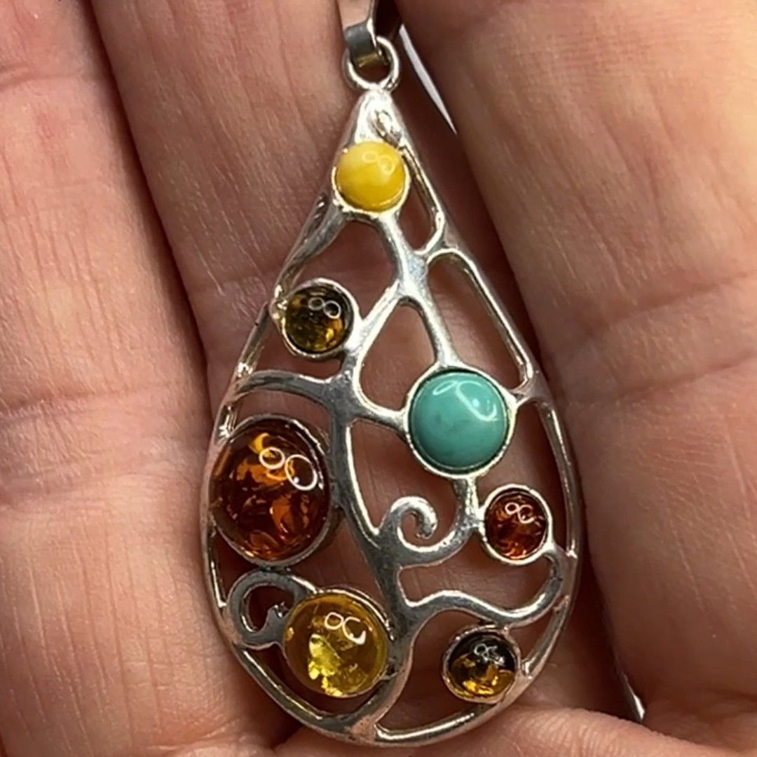 Other Teardrop Sterling Silver Pendant W/ Multi-Color Amber Stones Size ONE SIZE - 7 Thumbnail