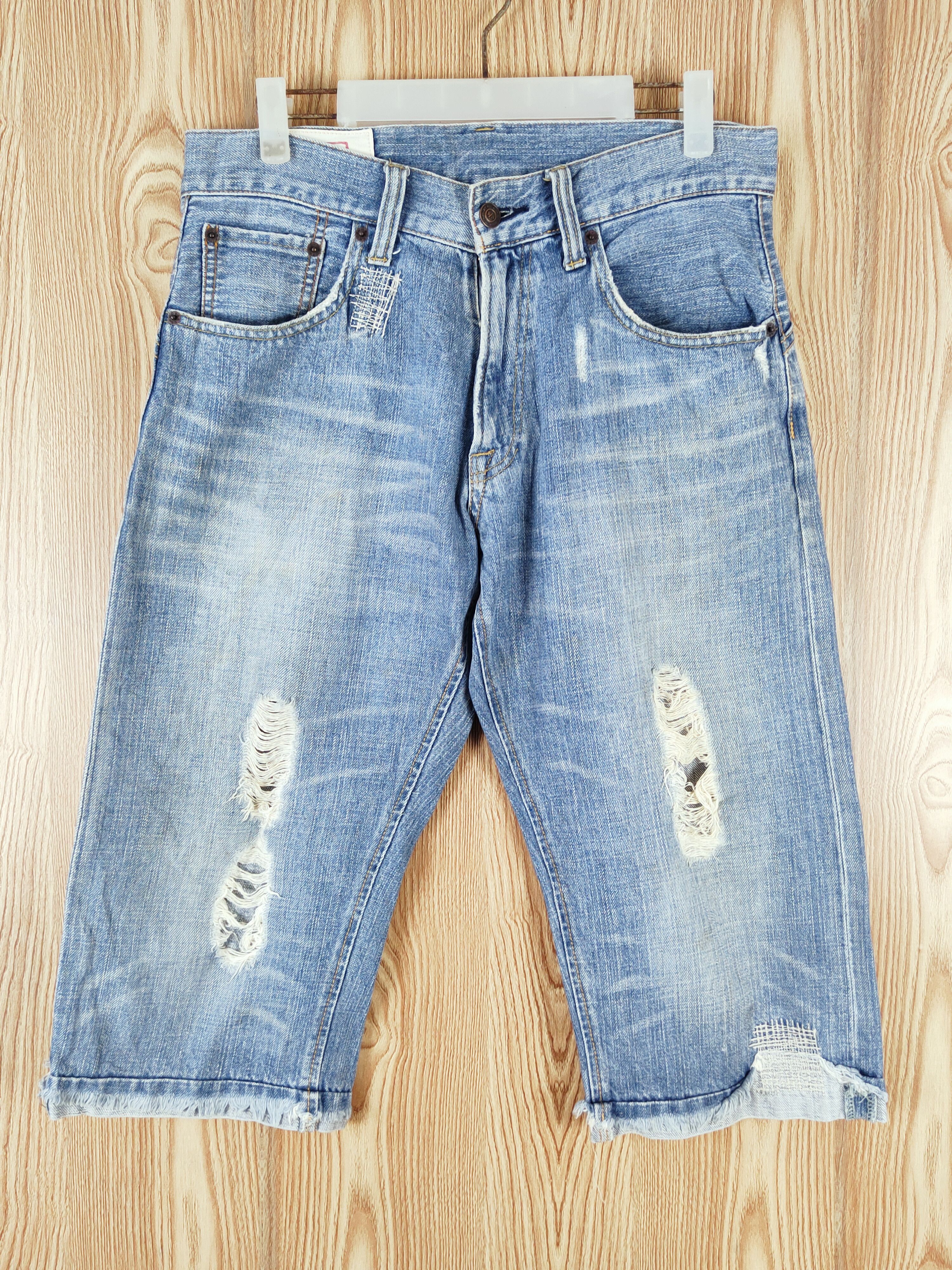 Japanese Brand × Vintage Rush Hour Blue Distressed Ripped Short Jeans Size US 33 - 1 Thumbnail