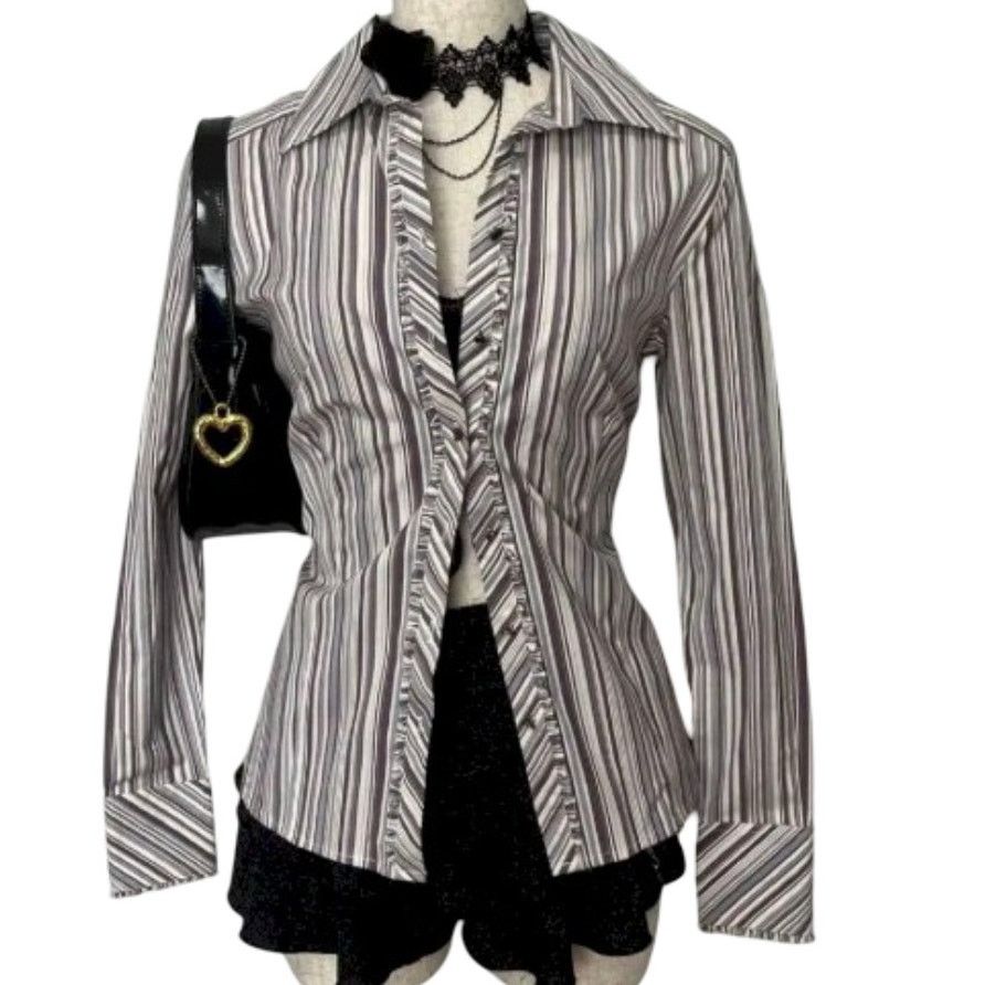Elie Tahari Elie Tahari Blouse Ruffled Front Cuffs S Button down Striped Size S / US 4 / IT 40 - 2 Thumbnail