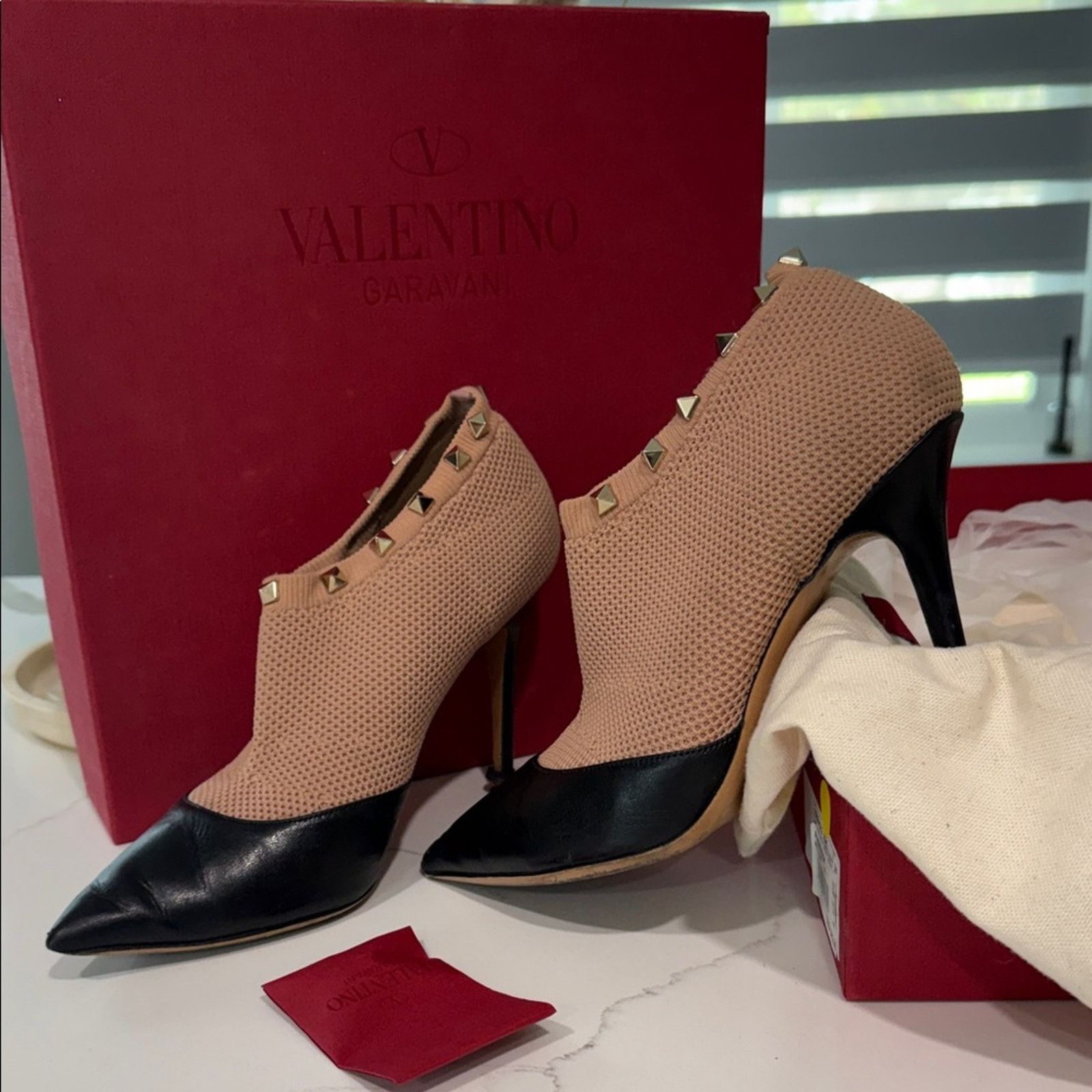 Valentino Valentino Garavani Beige Mesh Black Leather Studded Bootie Size US 8.5 / IT 38.5 - 1 Thumbnail