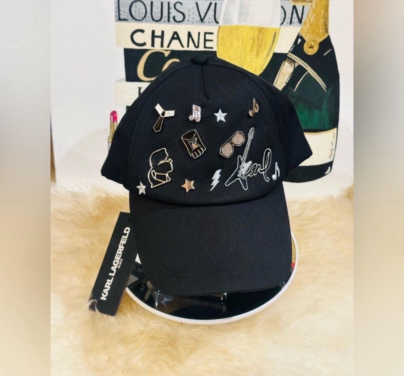 Karl Lagerfeld KARL LAGERFELD Paris Black Logo Cate Pin Charms Baseball Cap Size ONE SIZE - 1 Thumbnail