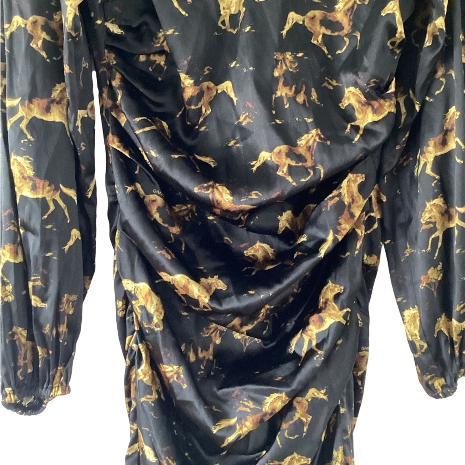 Ganni NWT GANNI Black Horses Print Silk Ruched Mini Dress Sz 6 38 Size S / US 4 / IT 40 - 5 Thumbnail