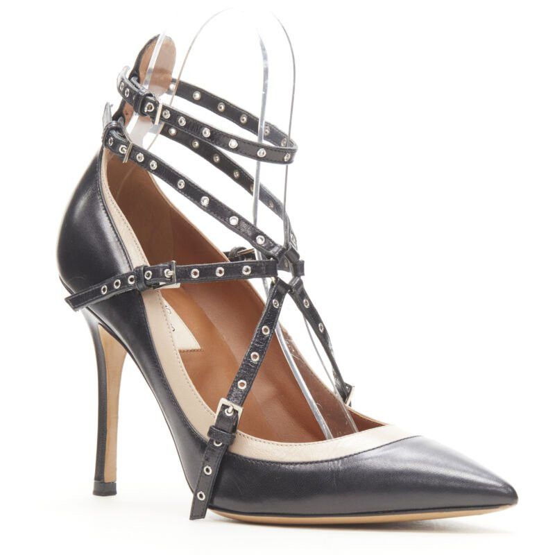 Valentino VALENTINO black beige leather silver grommet stud bondage harness pump EU38 Size US 8 / IT 38 - 1 Thumbnail