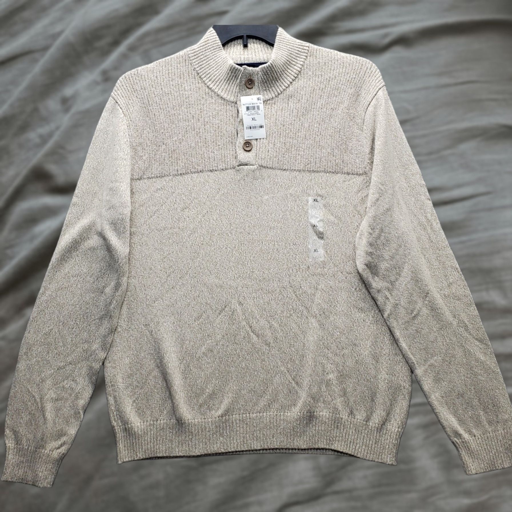 Club Room Club Room Mens XL Sweater Knit Mock Neck 1/4 Button Brown Wool-Free Timberwolf Marled Crew Casual/Travel Size US XL / EU 56 / 4 - 1 Thumbnail