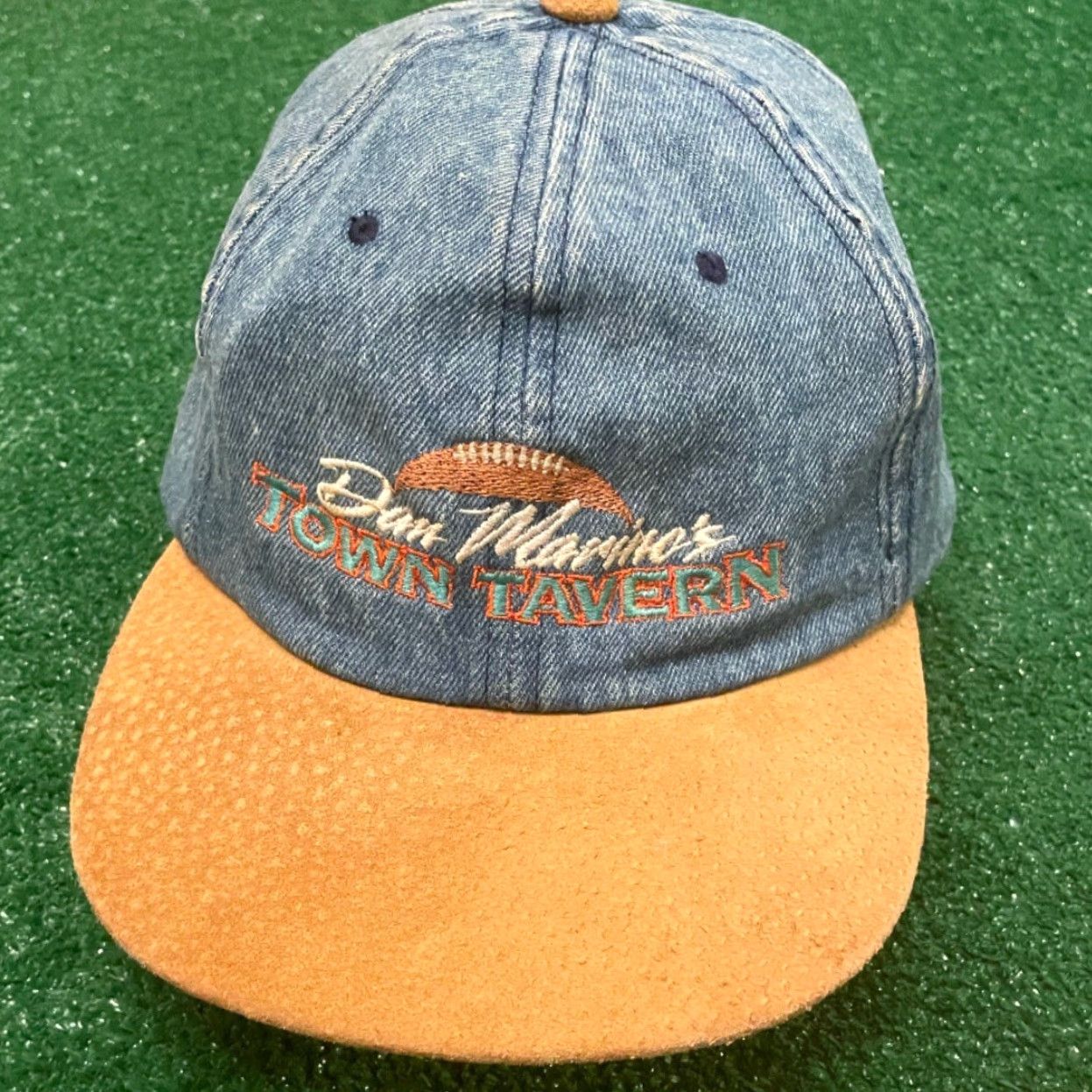 Denime VINTAGE Dan Marinos Town Tavern Miami Dolphins Football Denim Strapback Hat Mens One Size Blue Adjustable 90s Sports Hip Hop Baseball Cap Size ONE SIZE - 3 Thumbnail
