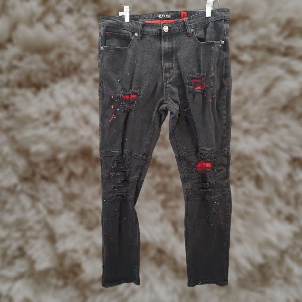 Makobi Men's Skinny Jeans Biker Motorcycle Distressed Paint