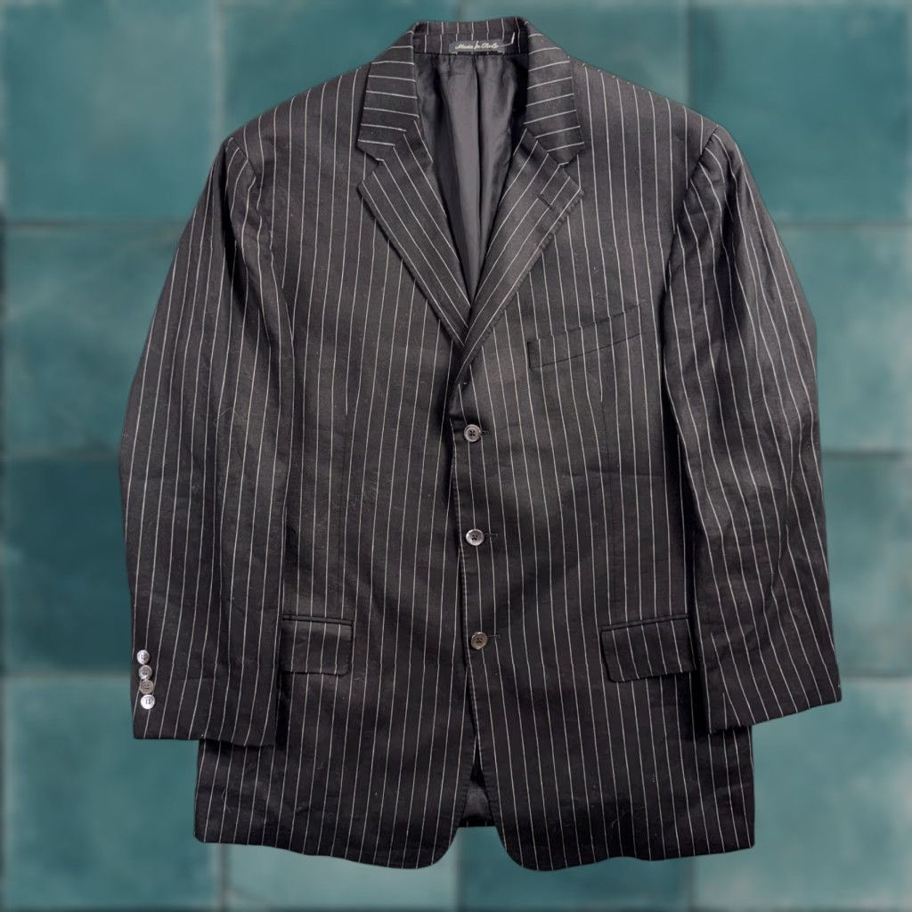 Ralph Lauren Purple Label VINTAGE Ralph Lauren Purple Label Black Linen Suit Jacket Mens 44R Pinstripe Blazer 2-Button Notch Peak Vintage Mens Jacket Size 44R - 1 Thumbnail