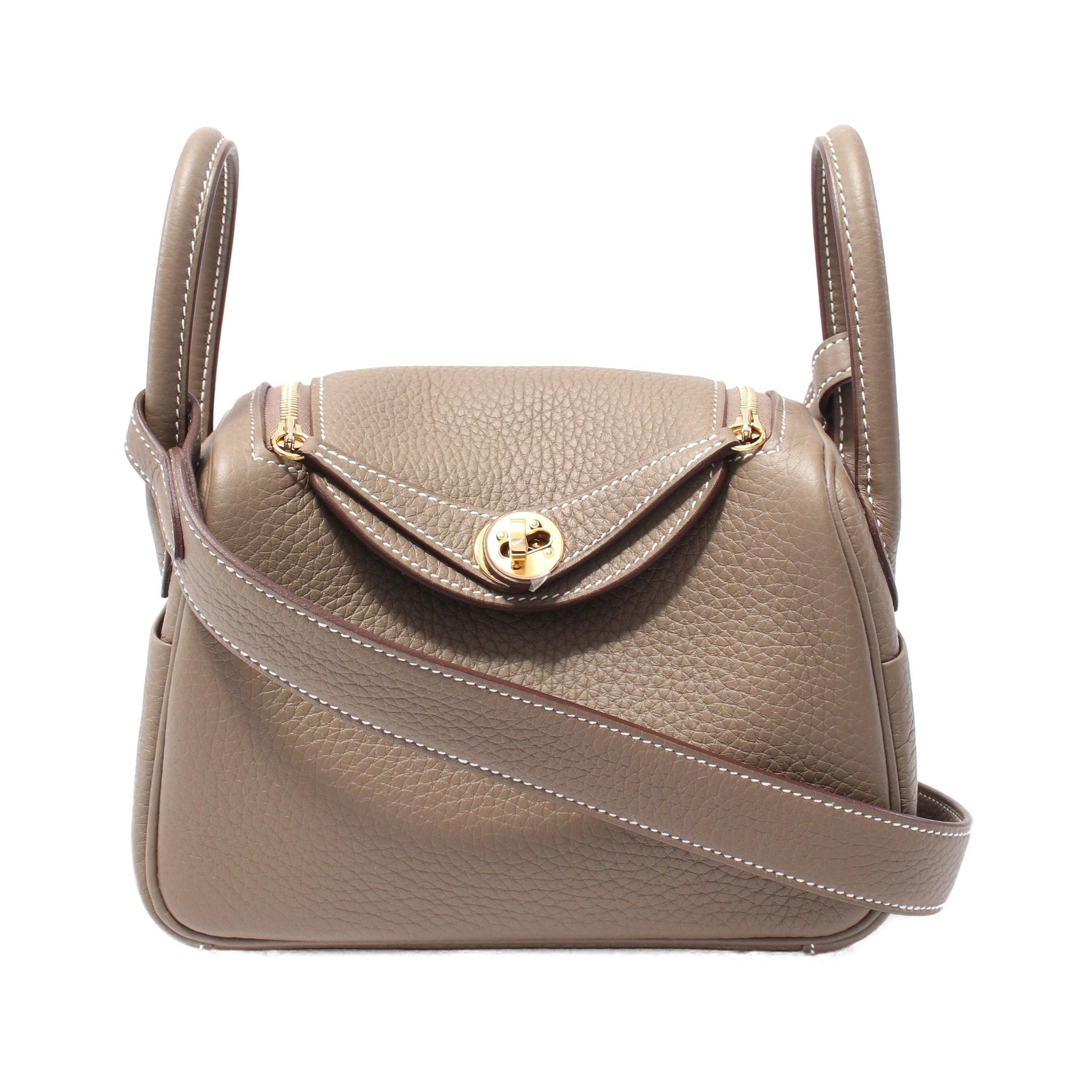 Hermes Lindy Mini Etoupe Shoulder Bag Clemence Leather Gray Brown Gold Hardware K Stamp, Women's