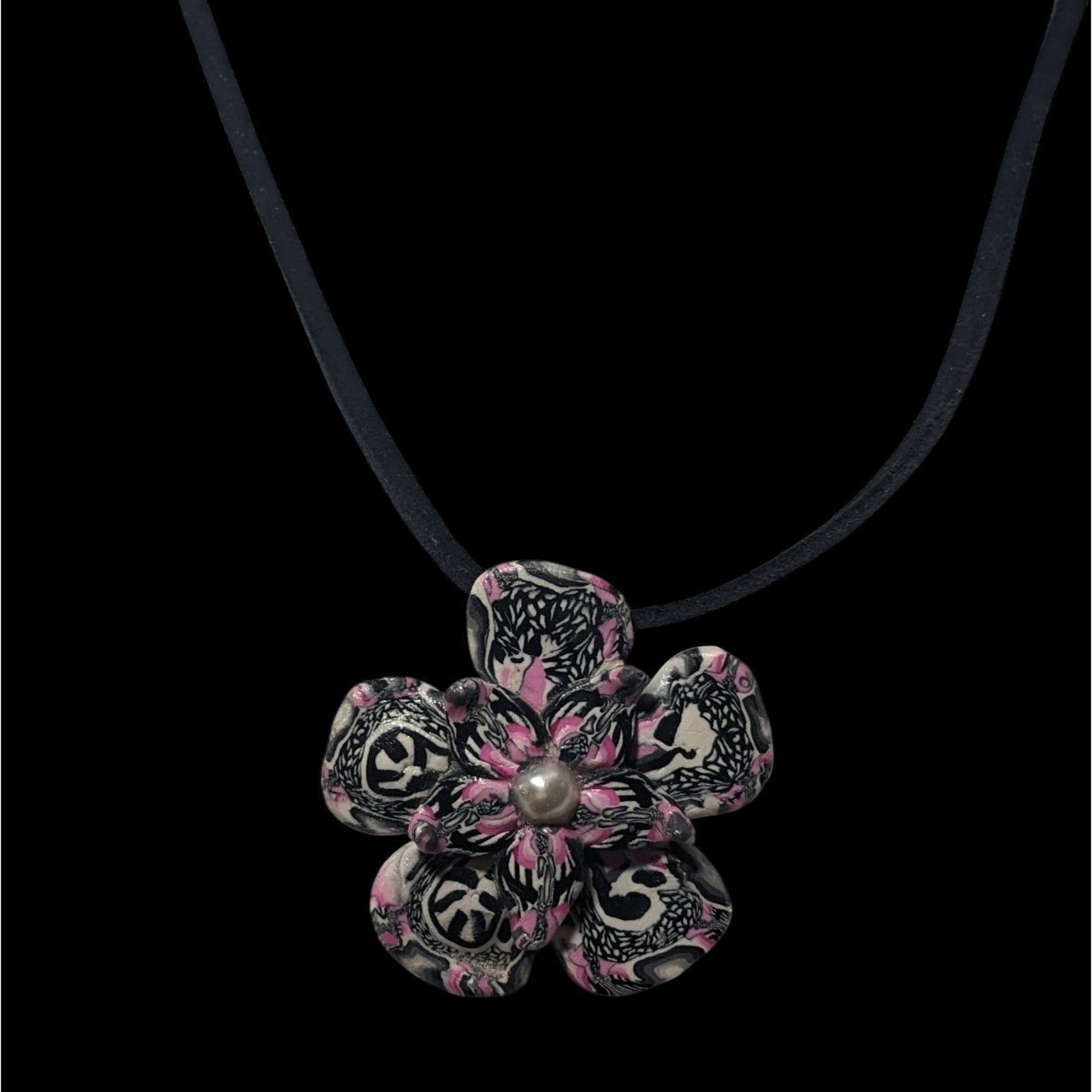 Other Handmade Pink White And Black Polymer Clay Floral Pendant Ne Size ONE SIZE - 3 Thumbnail