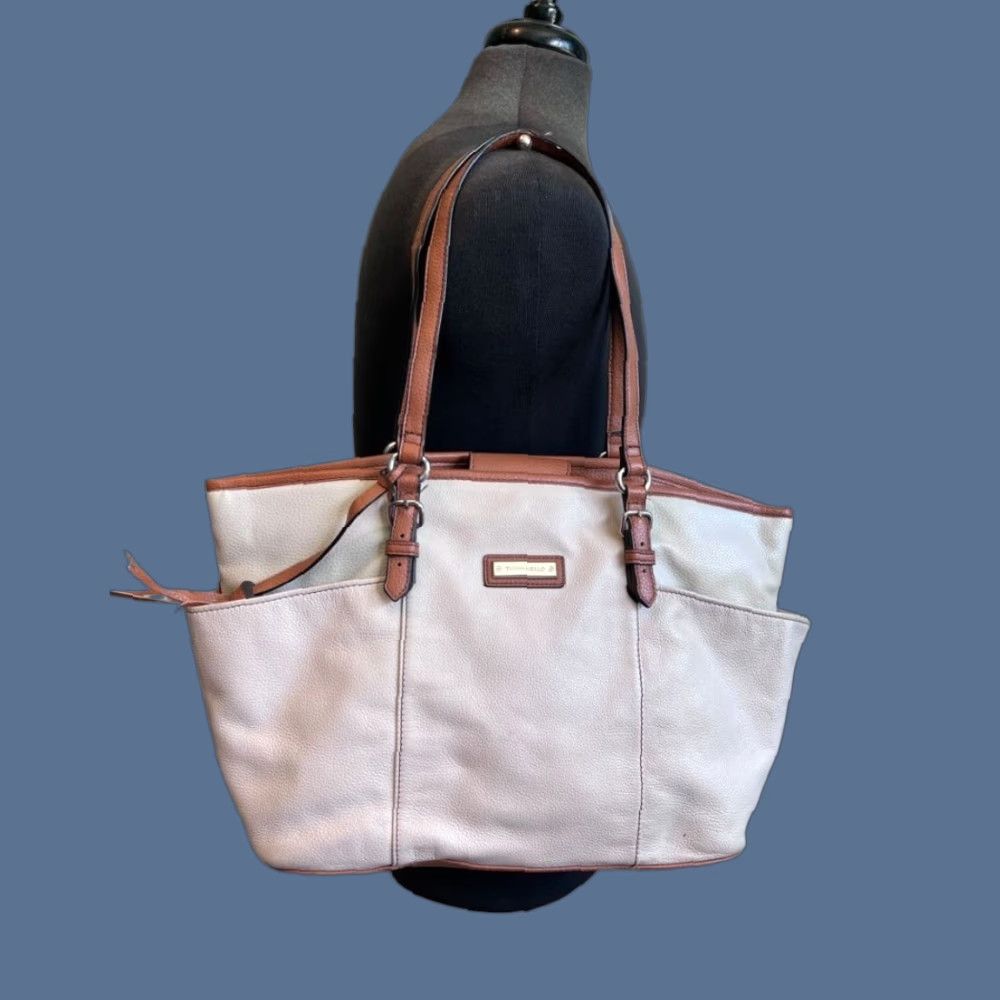 Vintage VINTAGE Tignanello Beige Large Vegan Leather Tote Bag Purse Pebbeled Texture Handbag Women Large Beige Tote Bag with Wear on Handles Size ONE SIZE - 1 Thumbnail