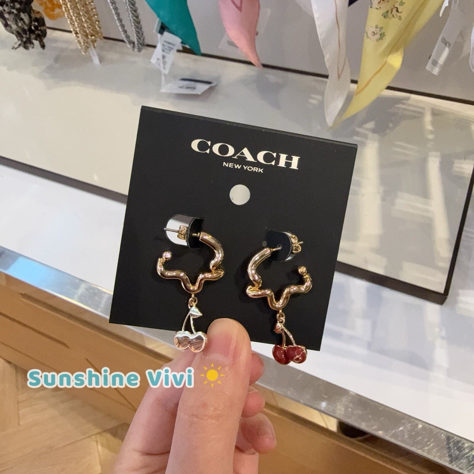 Coach NEW Coach Cherry Wavy Huggie Earrings Gold/Red CAA16 Size ONE SIZE - 2 Thumbnail