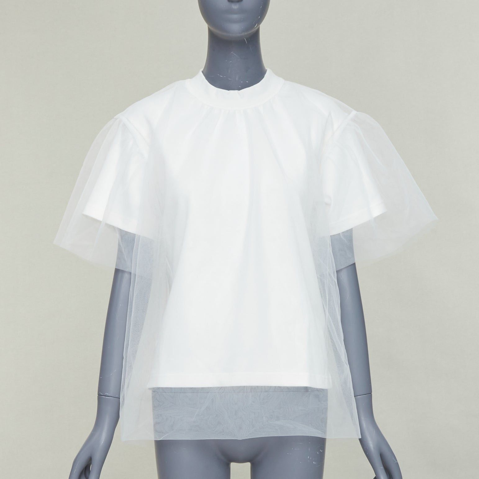 SHUSHU TONG Tulle white cream mesh overlay crew neck short sleeve