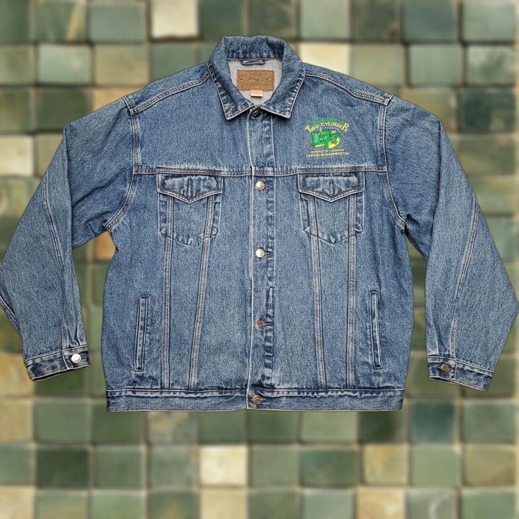 Port Authority VINTAGE Tractor Club Jacket Mens Large Blue Jean Denim Trucker two cylinder Size US 33 - 1 Thumbnail