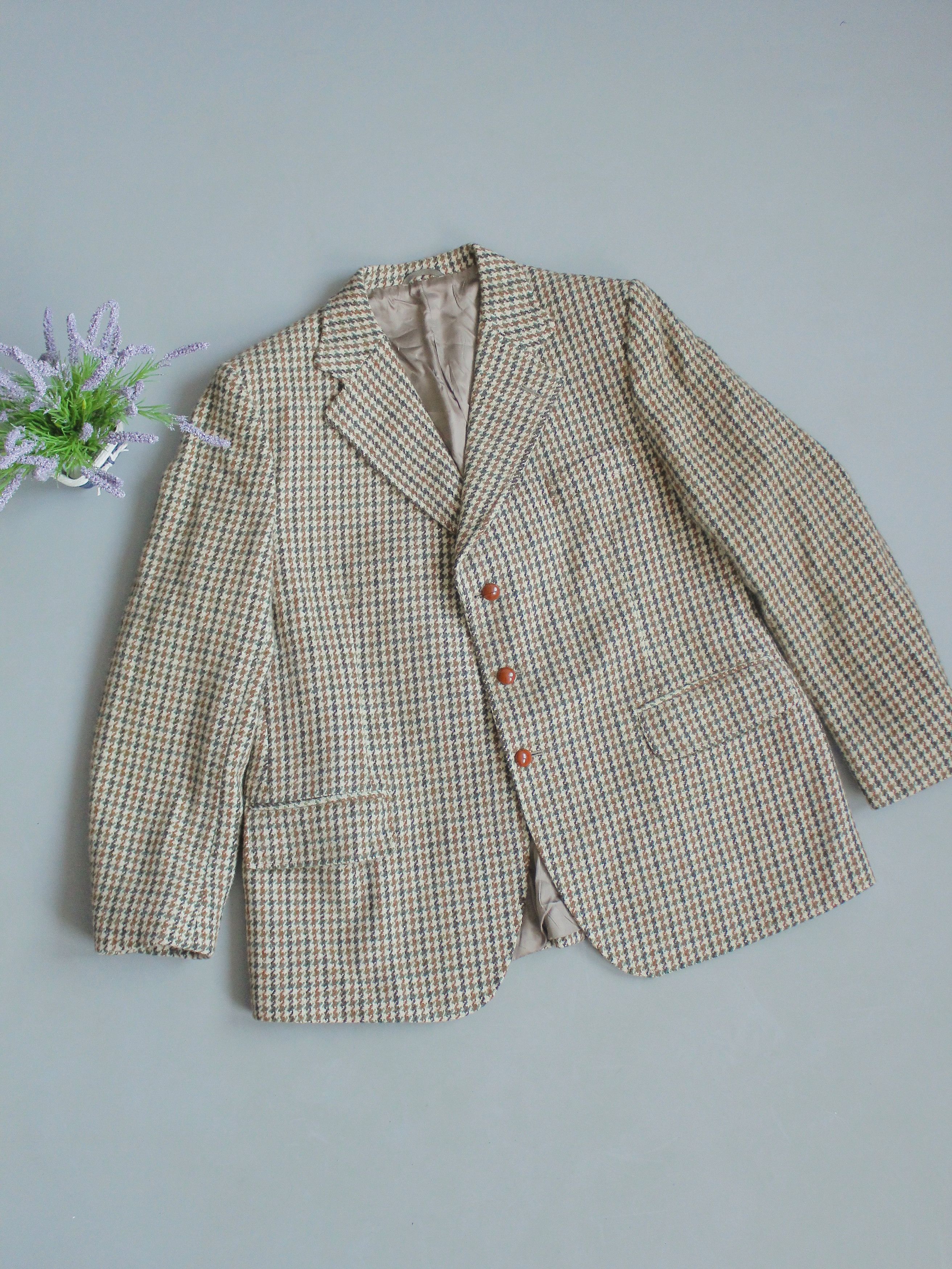 Harris Tweed × Vintage Harris Tweed Dunn Co Wool Hand Woven Blazer Jacket Tan Check Size 44R - 1 Thumbnail