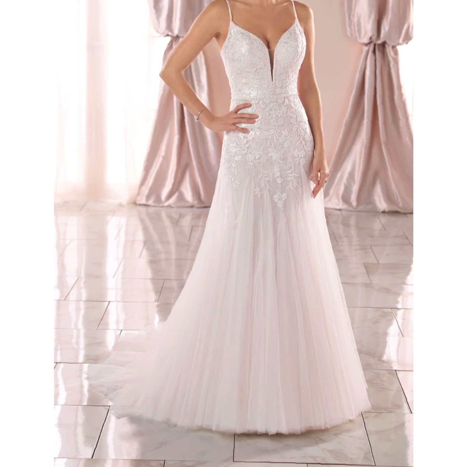 Vintage VINTAGE Stella York 6968 Floral Lace Mermaid Wedding Dress w/ Glitter Tulle 12 (SAMPLE) Size ONE SIZE - 4 Thumbnail