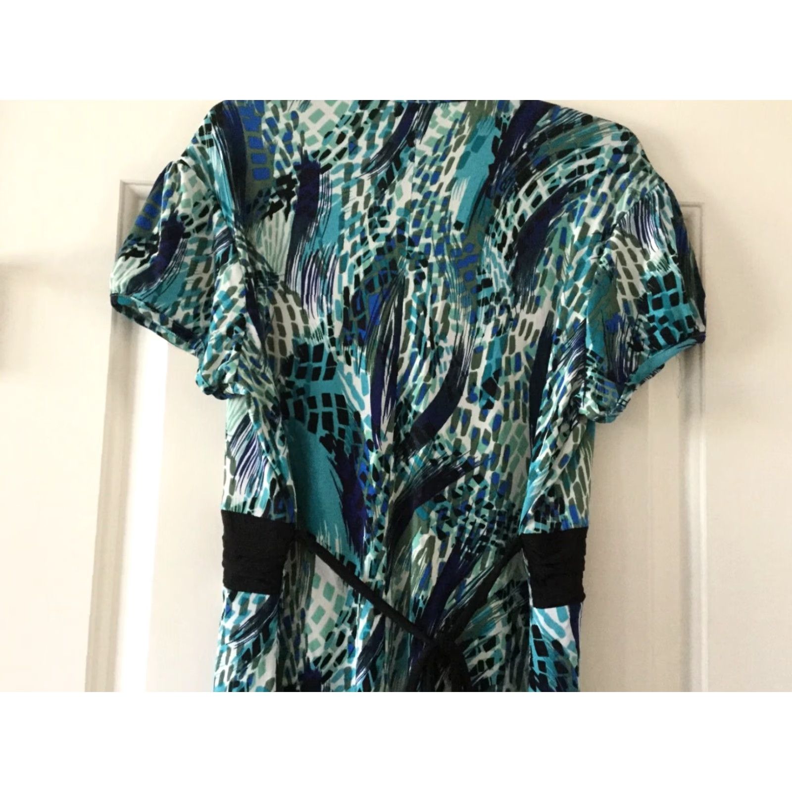 Vintage New Directions Woman's Geometrical Print Dress Belt Look Black Teal Blue Large Satin? Size L / US 10 / IT 46 - 6 Thumbnail