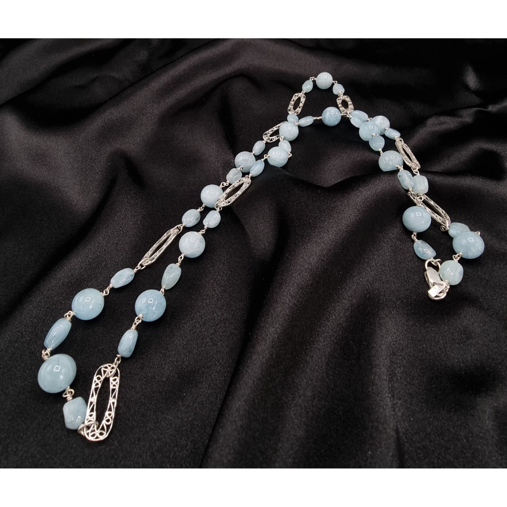 Vintage 925 Sterling Silver Aquamarine Beaded Necklace Signed BJ Chi Size ONE SIZE - 3 Thumbnail