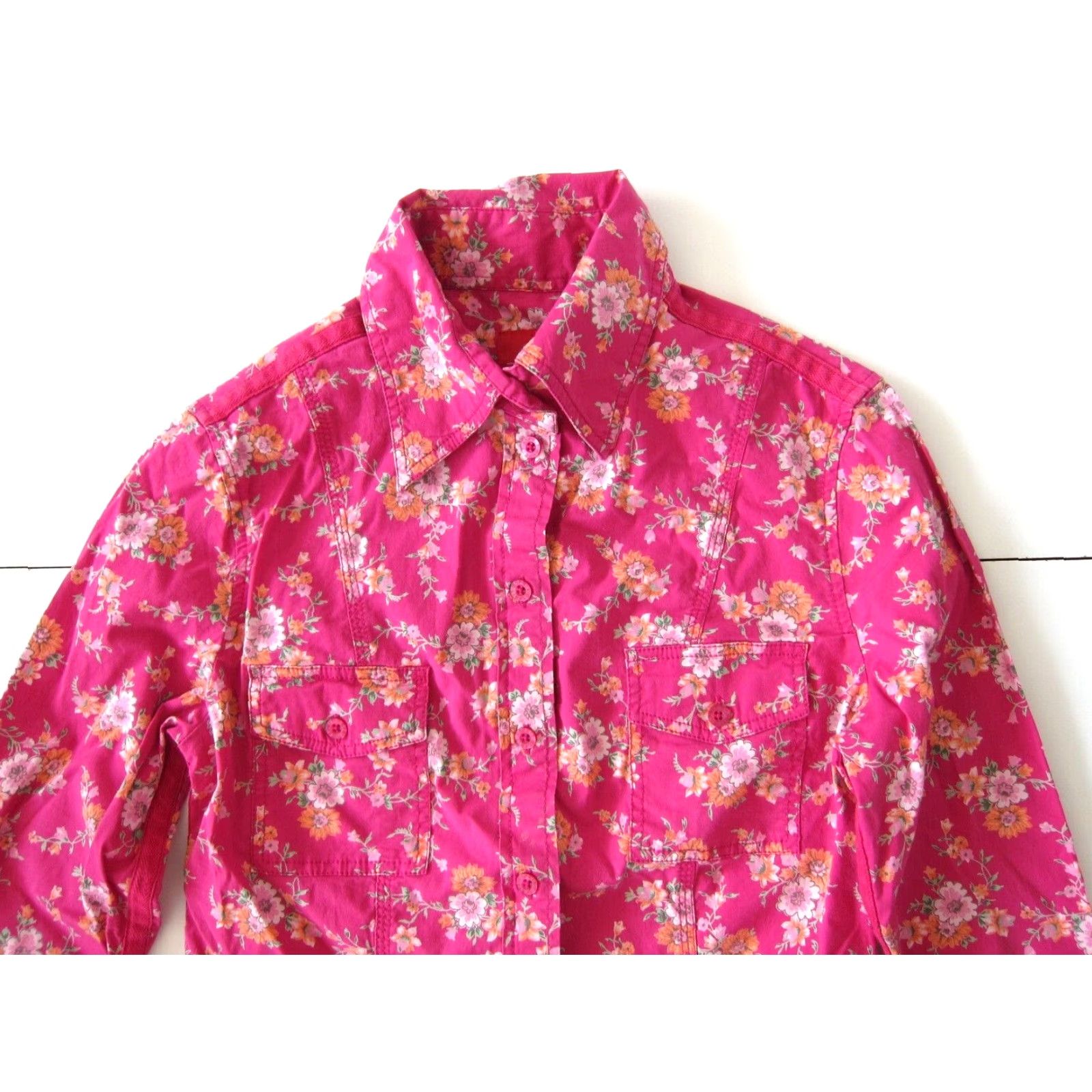 Esprit Esprit Cotton Stretch Floral Pink Green Long Sleeve Western Blouse XS Vintage Women Collared Shirt Grated? Size XS / US 0-2 / IT 36-38 - 3 Thumbnail