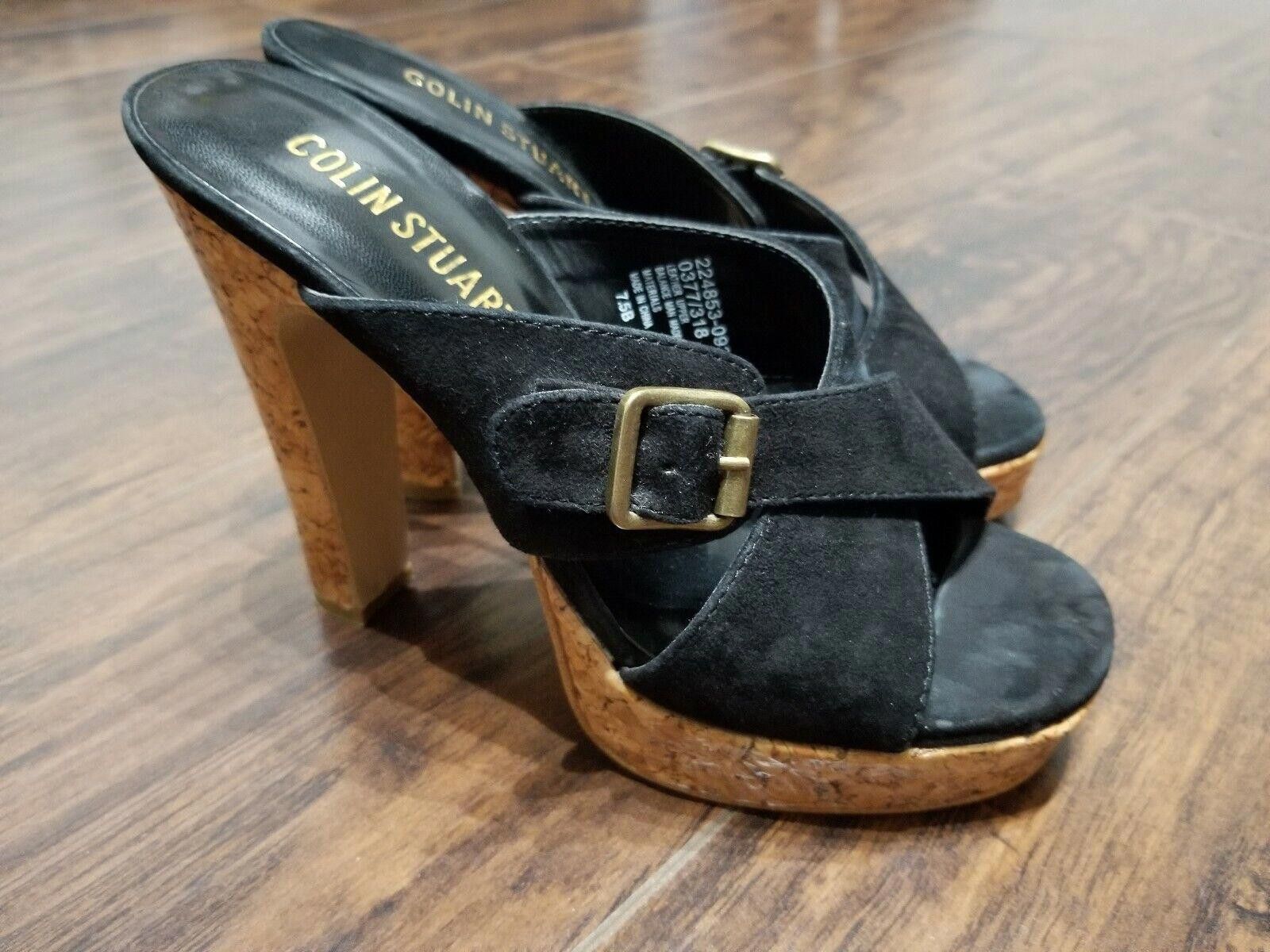 Designer Colin Stuart Heels Size 7.5 Black Cork Bottoms Peep Toe Size US 7.5 / IT 37.5 - 3 Thumbnail