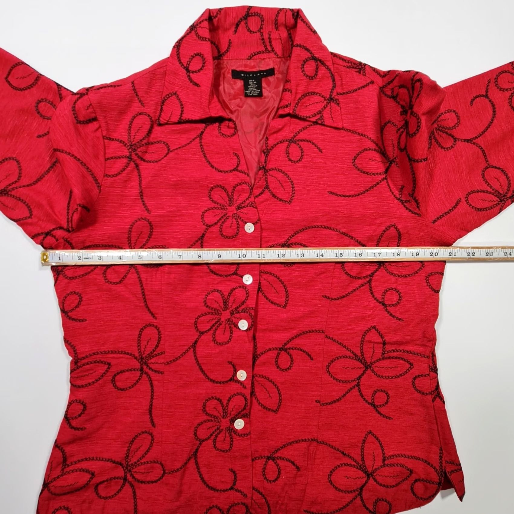 Vintage Silkland Womens Red Silk Floral Pattern Button Up Shirt XL Long Sleeves Size XL / US 12-14 / IT 48-50 - 4 Thumbnail