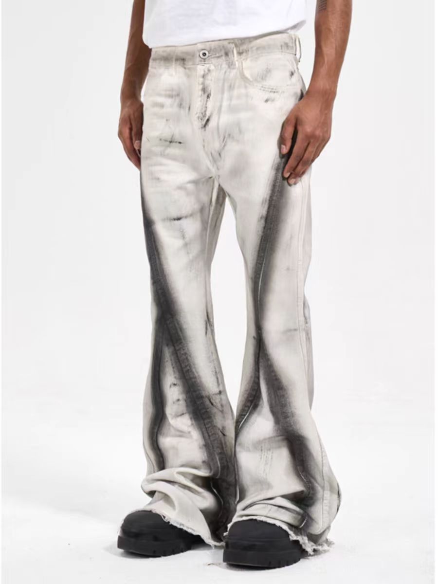 image of High Street Graffiti Style Dirty Raw Edge Bootcut Jeans in Dirty White, Men's (Size 30)