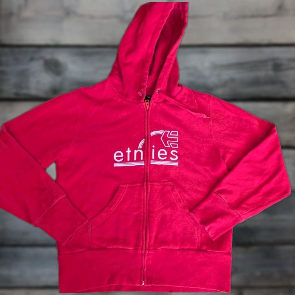 Etnies Etnies Women's Red Full Zip Hooded Sweatshirt Logo Script Distressed Size L Size L / US 10 / IT 46 - 1 Thumbnail