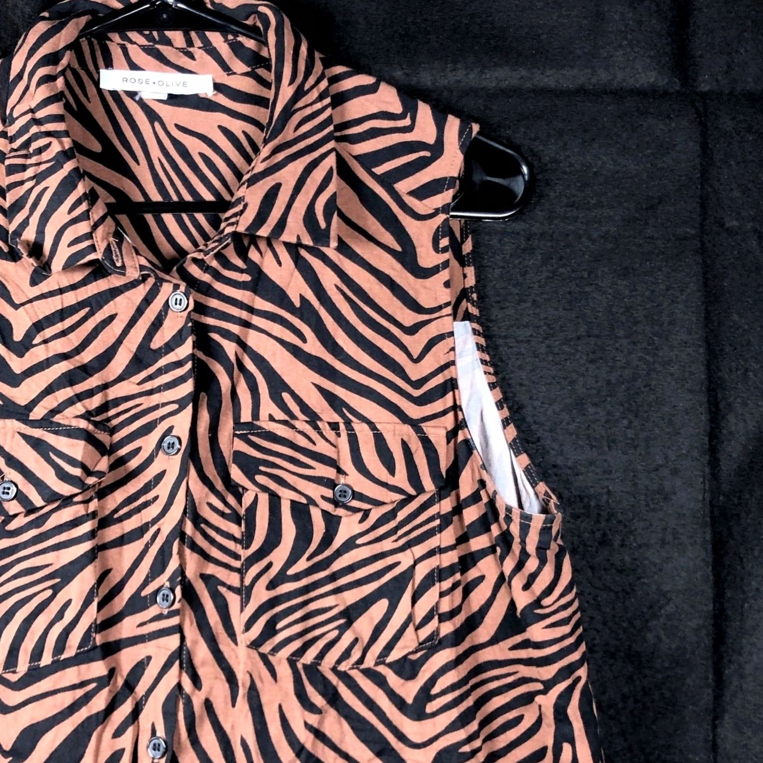 Vintage Rose + Olive Womens Blouse Black Brown Tiger Stripe Sleeveless Button Down Tunic L Size L / US 10 / IT 46 - 5 Thumbnail