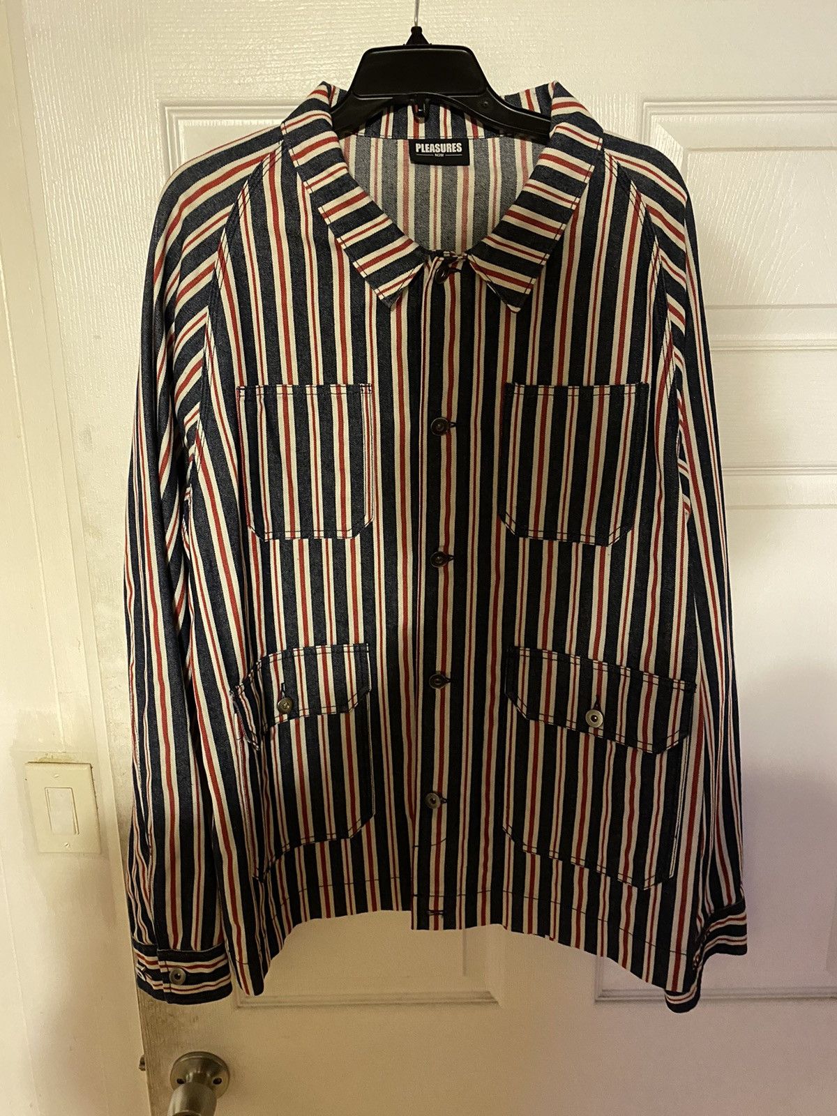 image of Pleasures Denim Pinstripe Jacket in Red/Navy, Men's (Size XL)