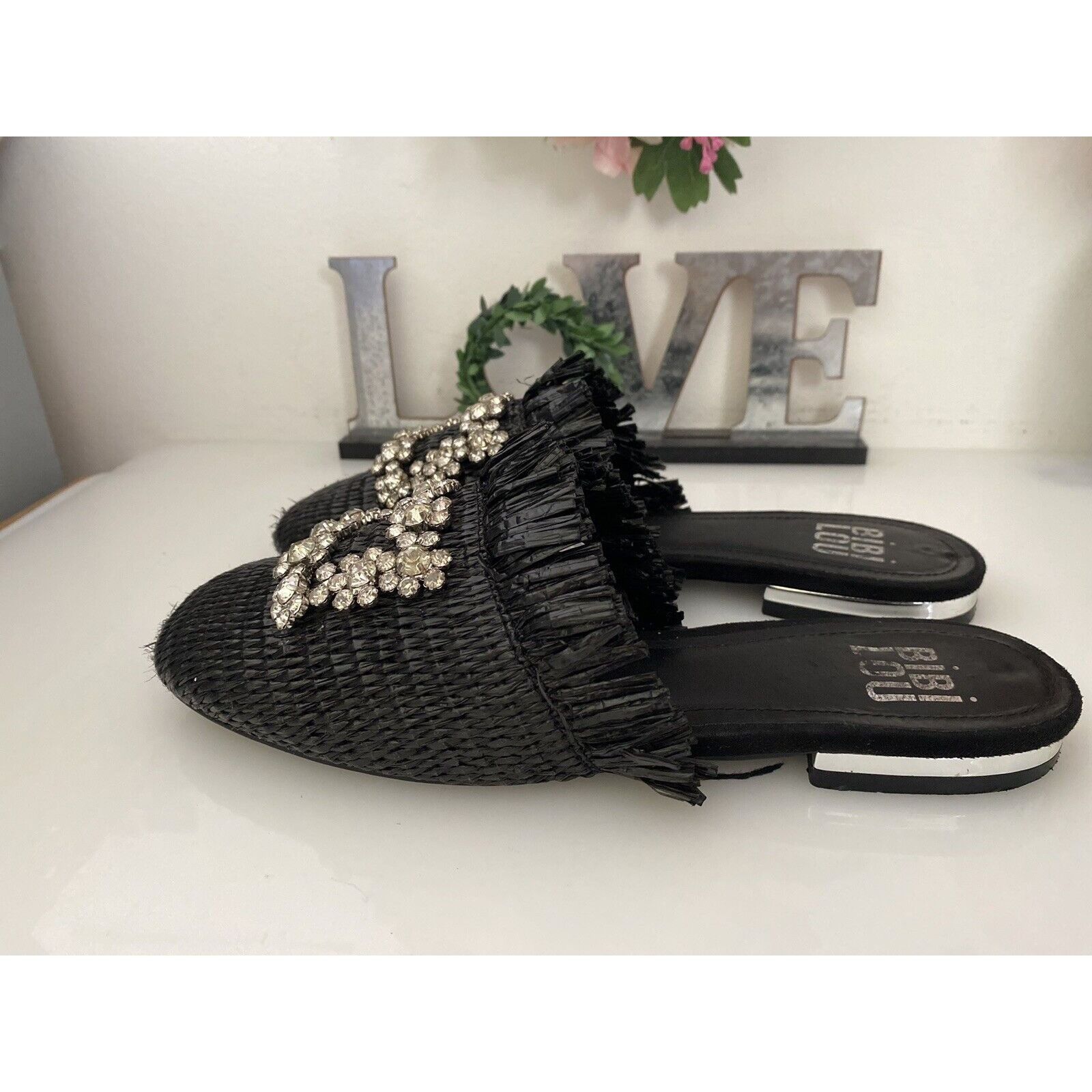 Vintage Bibi Lou Raffia Gem Jeweled Mule Slide Slip On Slipper Shoes Size US 6 / IT 36 - 12 Thumbnail