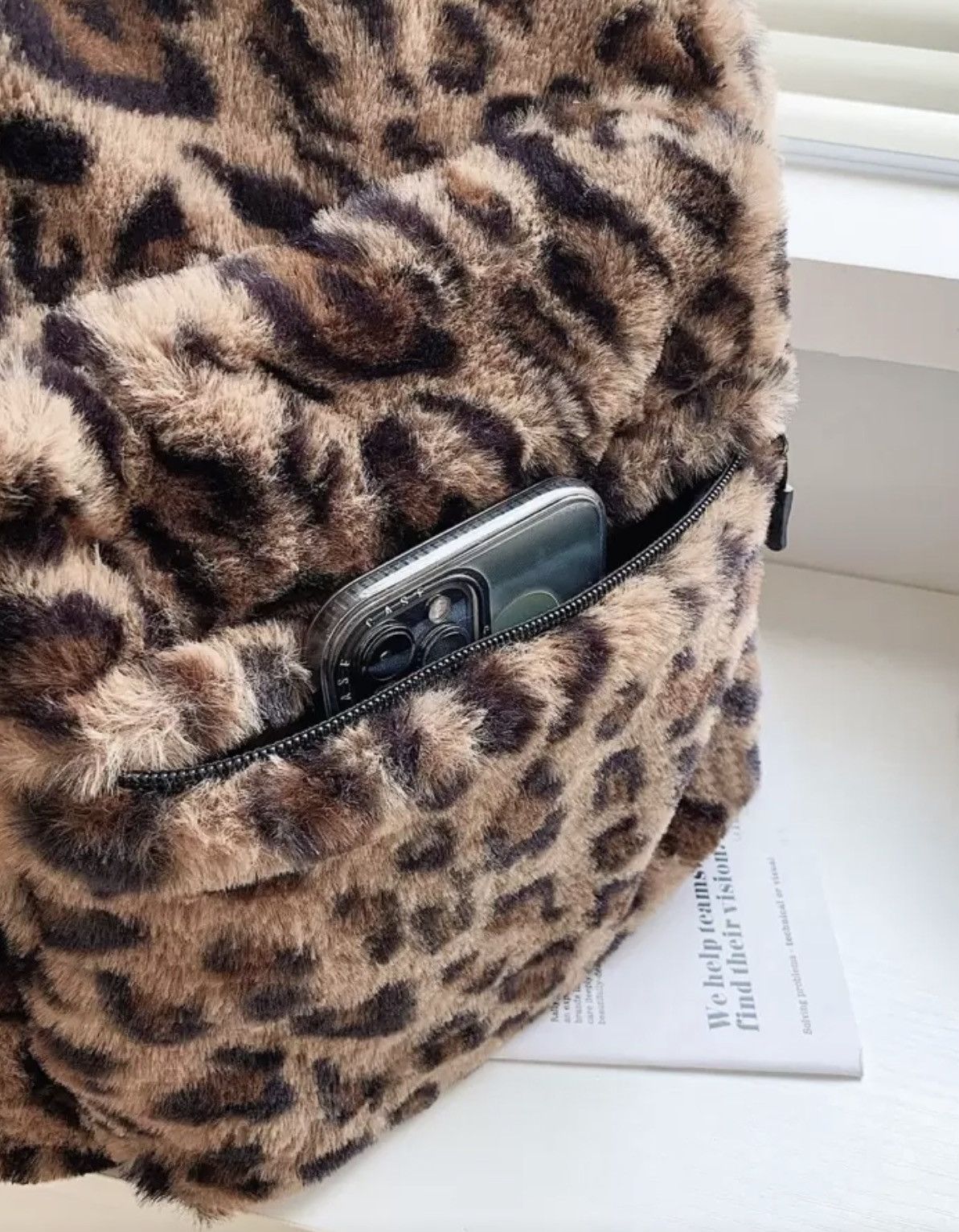 Japanese Brand Y2K Leopard Print Faux Fur Fuzzy Backpack | Plush Bag Size ONE SIZE - 4 Thumbnail