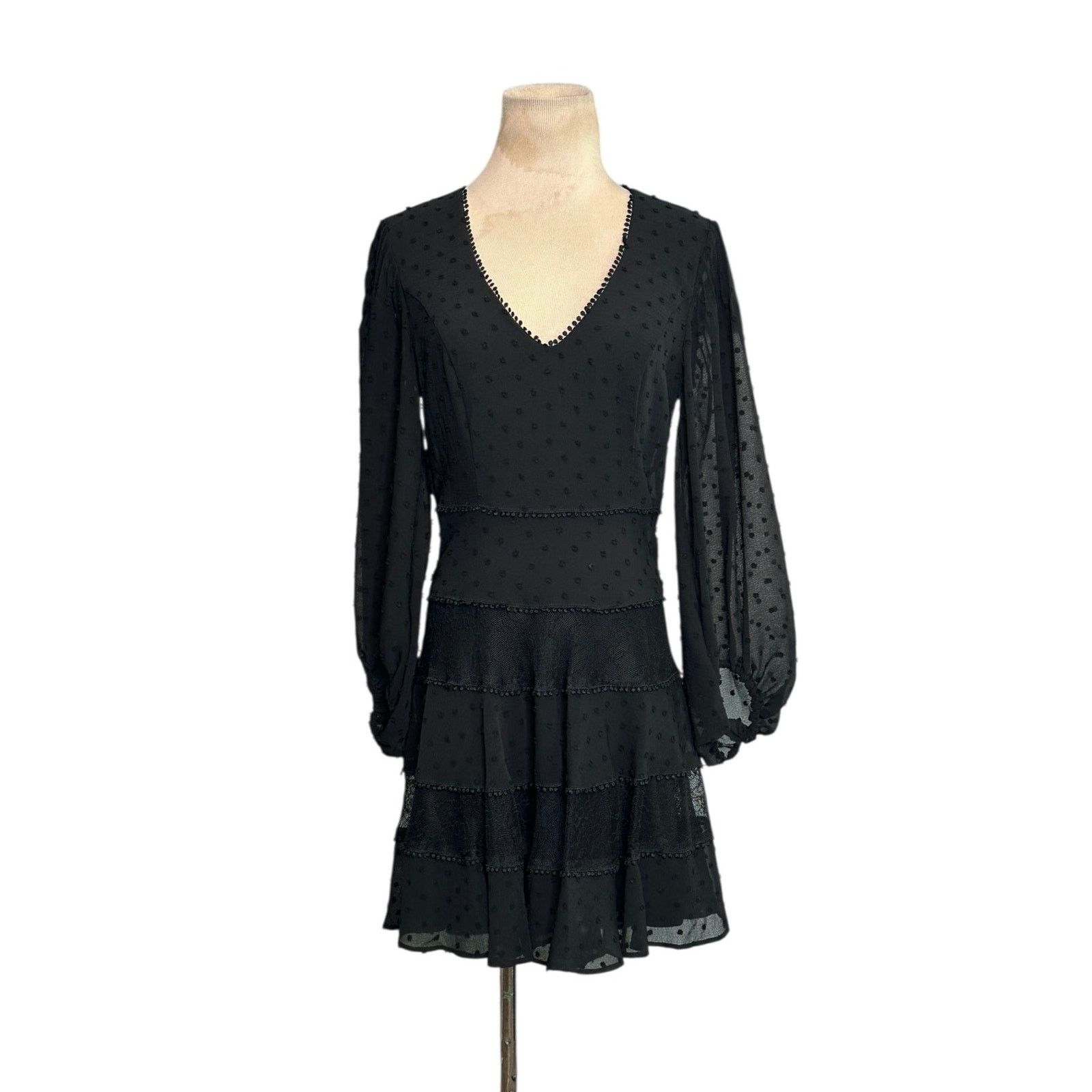 REVOLVE Bardot Mae black lace long sleeves tiered mini dress size 6 Size M / US 6-8 / IT 42-44 - 1 Thumbnail