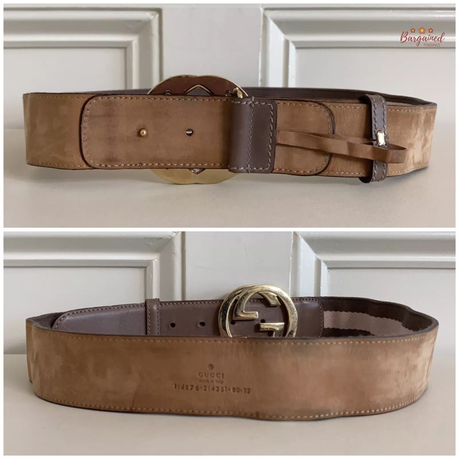 Gucci Gucci Taupe/Pink Web Leather Gold Interlocking G Buckle Belt Size 28 - 4 Thumbnail