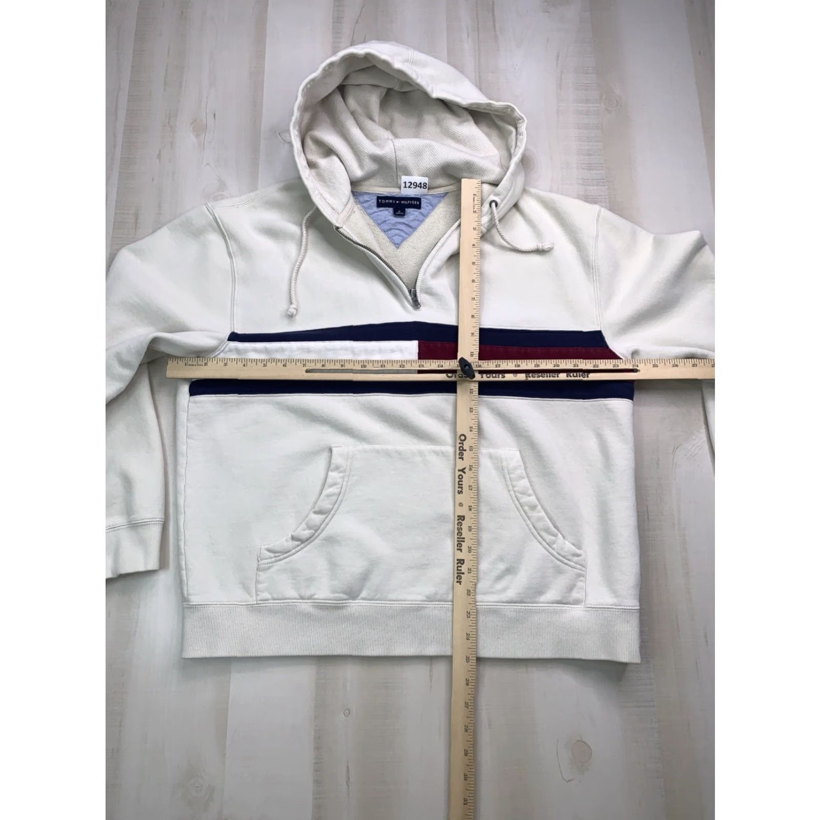Tommy Hilfiger VINTAGE Tommy Hilfiger Logo Block Quarter Zip Hoodie Mens M Ivory 90s 2000s Y2K Heavyweight Pocket Hooded Pullover Size US M / EU 48-50 / 2 - 6 Thumbnail