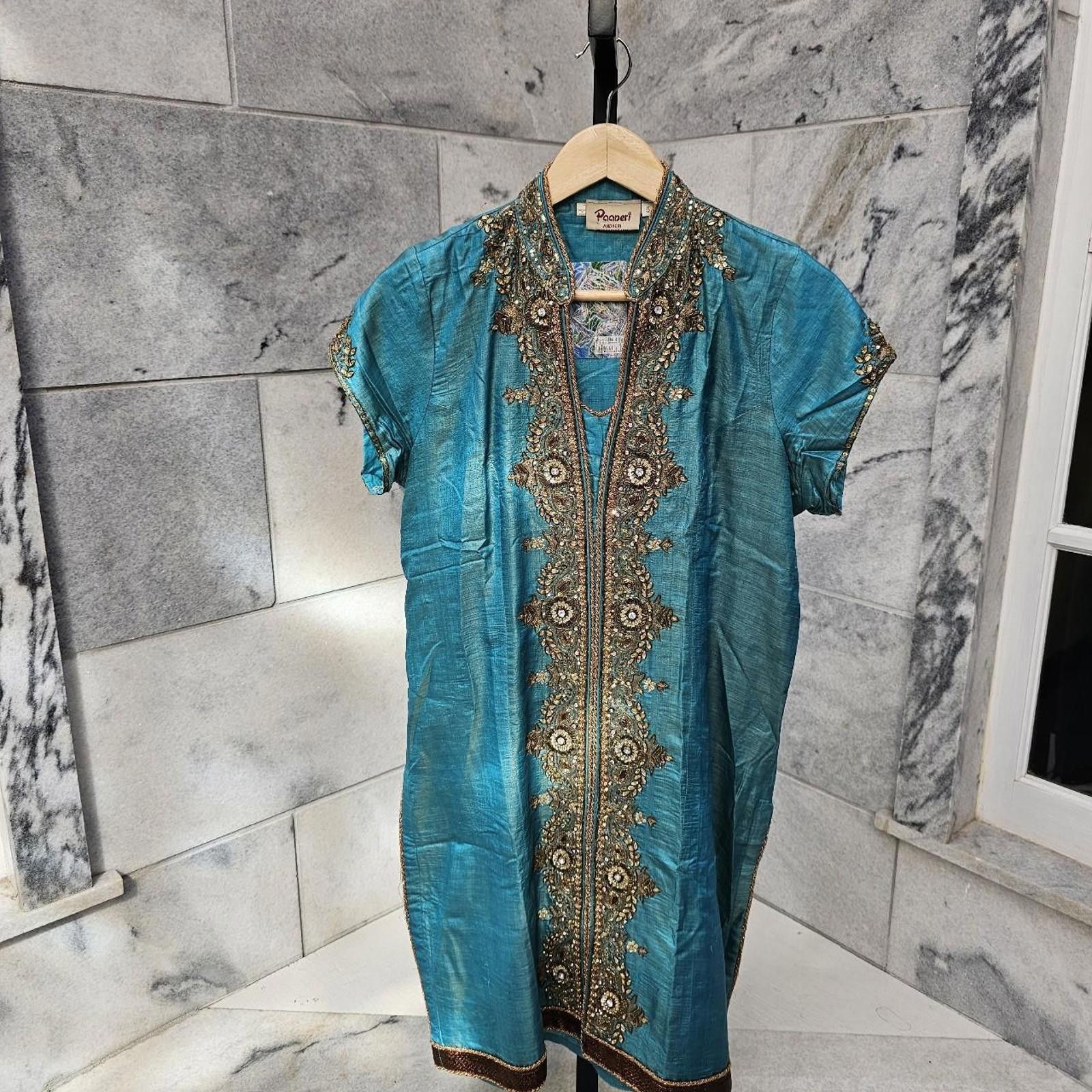 Other Women's Teal and Gold Kurta Style Dress Size M / US 6-8 / IT 42-44 - 7 Thumbnail