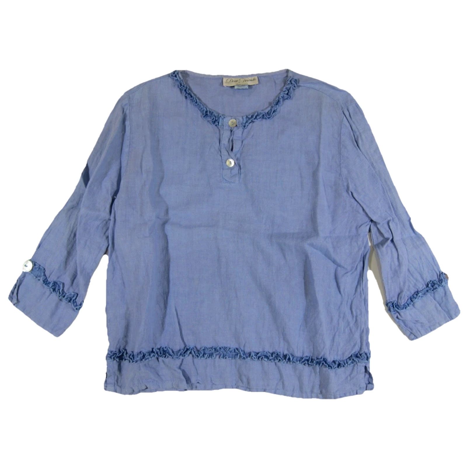 Vintage Dear Friends 100% Linen Blue Ruffle 3/4 Sleeve Tunic Blouse Shirt Top Women S Size S / US 4 / IT 40 - 2 Thumbnail