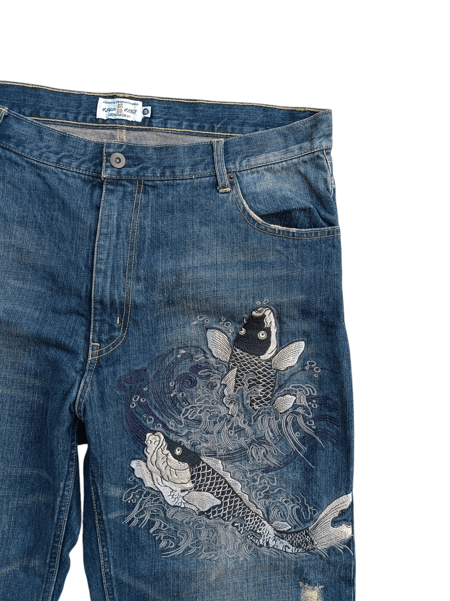 Japanese Brand 🔥DOPE🔥Karakuri Distressed Koi Fish Embroidery Jeans Size US 36 / EU 52 - 13 Thumbnail