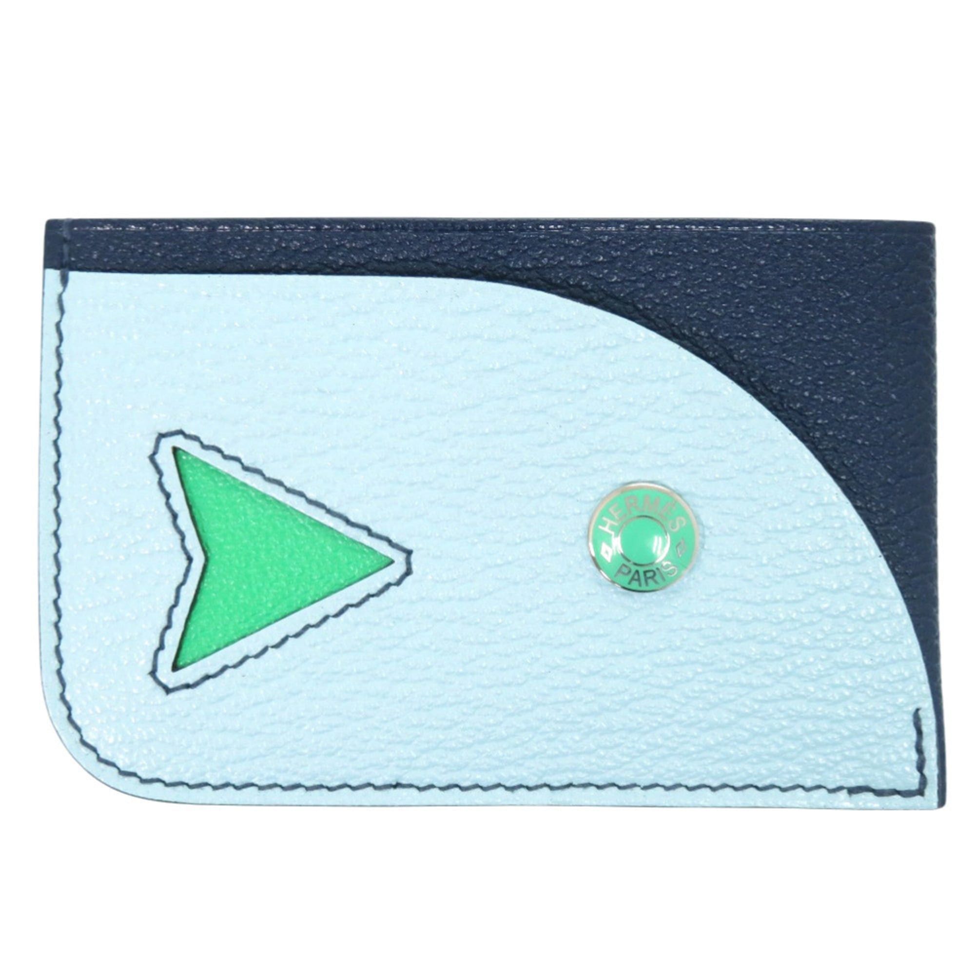 Hermes Like New Hermes Poisson Business Card Holder/Card Case, Chevre Mysore Leather, Navy, Light Blue, Green, 1252HERMES Size ONE SIZE - 1 Thumbnail