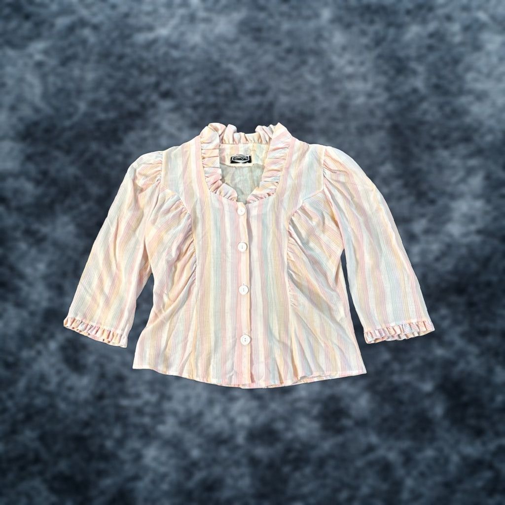 Pinko VINTAGE Sun Craft Blouse Shirt Womens Medium Pink Stripe 1950s Cottagecore V-Neck Long Sleeve Cotton Tunic Size M / US 6-8 / IT 42-44 - 1 Thumbnail