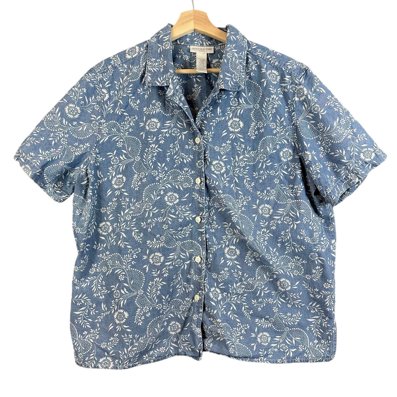 Jones New York Vintage Denim Floral Button Down Short Sleeve Shirt Top Size L / US 10 / IT 46 - 1 Thumbnail