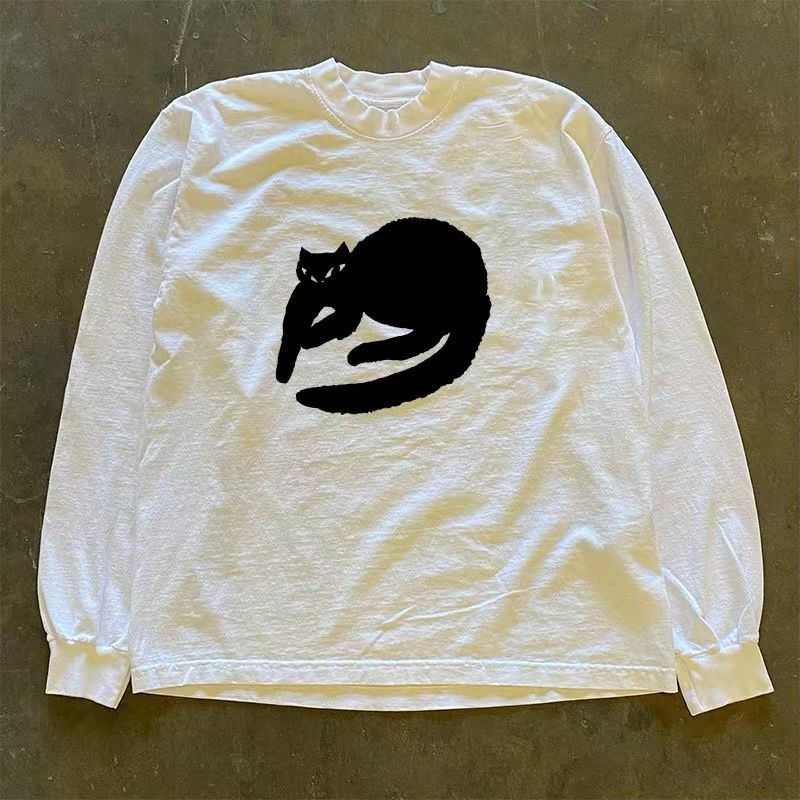 Vintage White retro cat print long-sleeved t-shirt Size US M / EU 48-50 / 2 - 1 Thumbnail