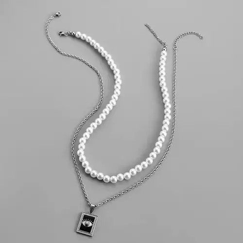 Other Pearl Choker Chain & Square Eye Titanium Necklace Size ONE SIZE - 2 Thumbnail