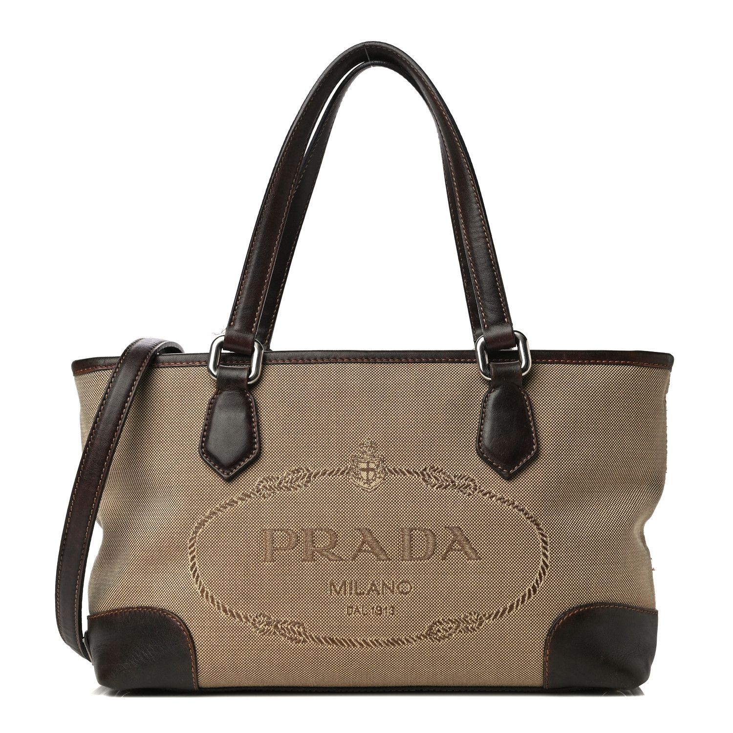 image of Prada Jaquard Logo Tote Morda 814081 Bucket Bag in Brown, Women's