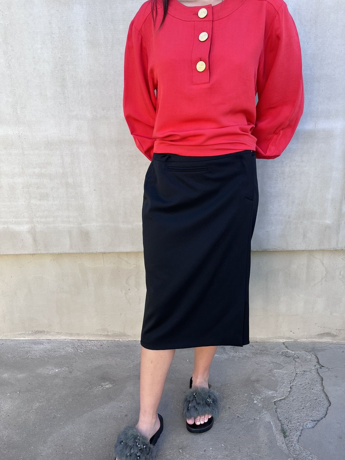 Gucci Wool Skirt Black Midi Italy Size 42 Side Buckles Slit