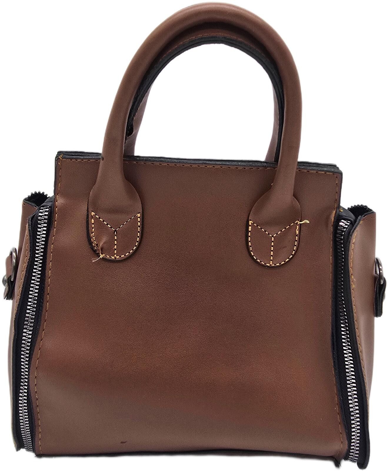 The Unbranded Brand Brown Faux Leather Handbag with Dual Zipper Detail Size ONE SIZE - 3 Thumbnail
