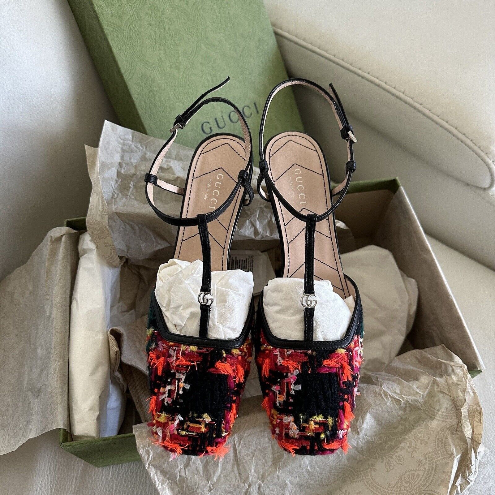 Gucci NEW GUCCI Marmont 55mm Tweed T-Strap Pumps Orange Pink Petr Size US 7 / IT 37 - 4 Thumbnail